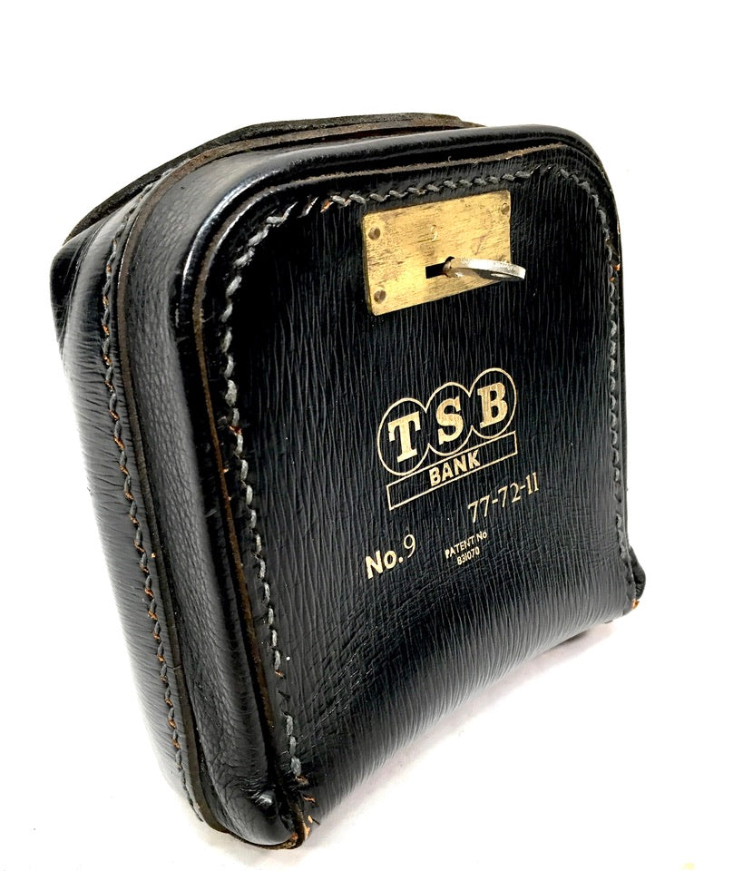 Antique Black Leather TSB Bank Gladstone Style Safe Bag with Keys / Vintage