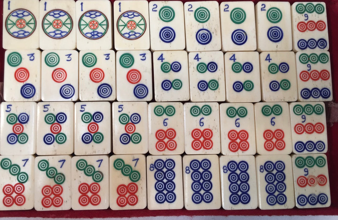 Antique Mahjong Game Carved Box / Bone & Bamboo Tiles / Mah Jong Game / Complete