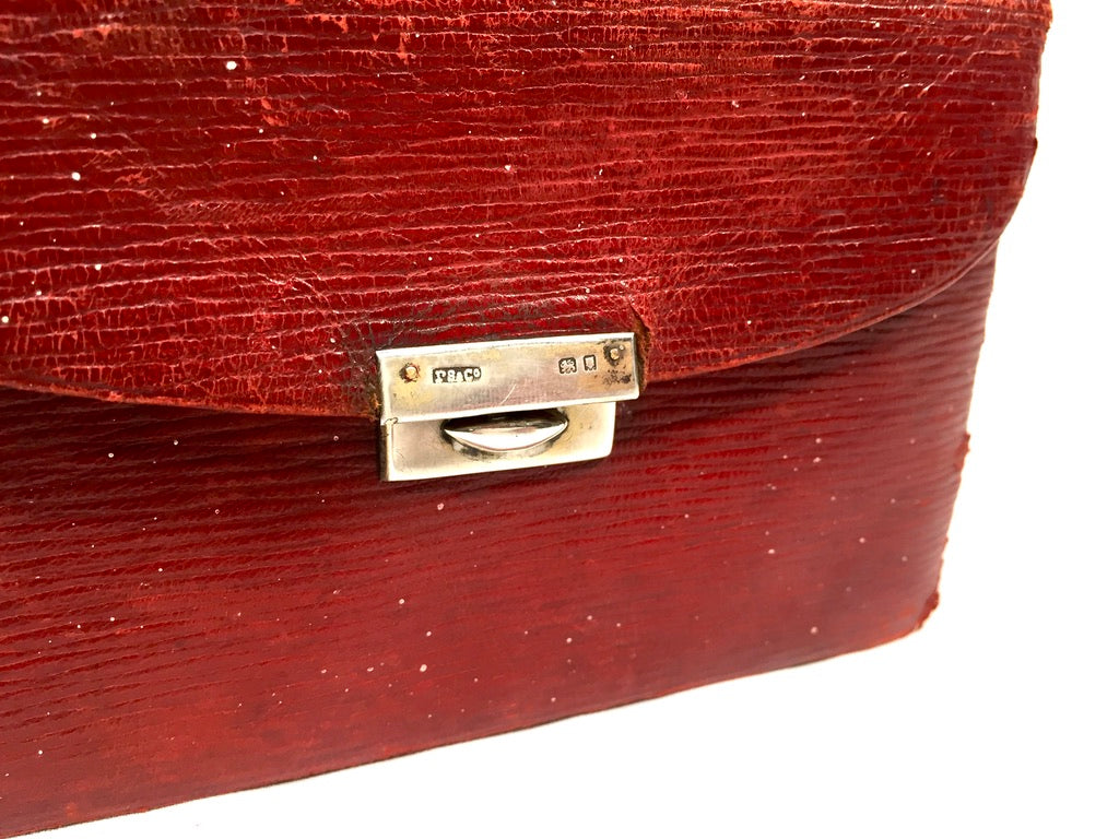Antique Leather & Hallmarked Silver Travel Playing Card Case / Bag Game Storage