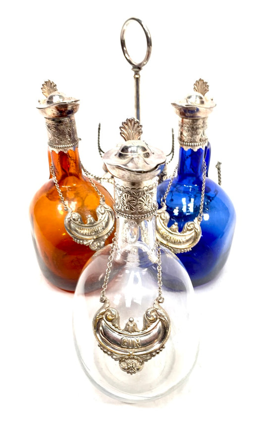 Antique Victorian Blue, Brown and Clear Glass Flagon Decanter Set Display Stand