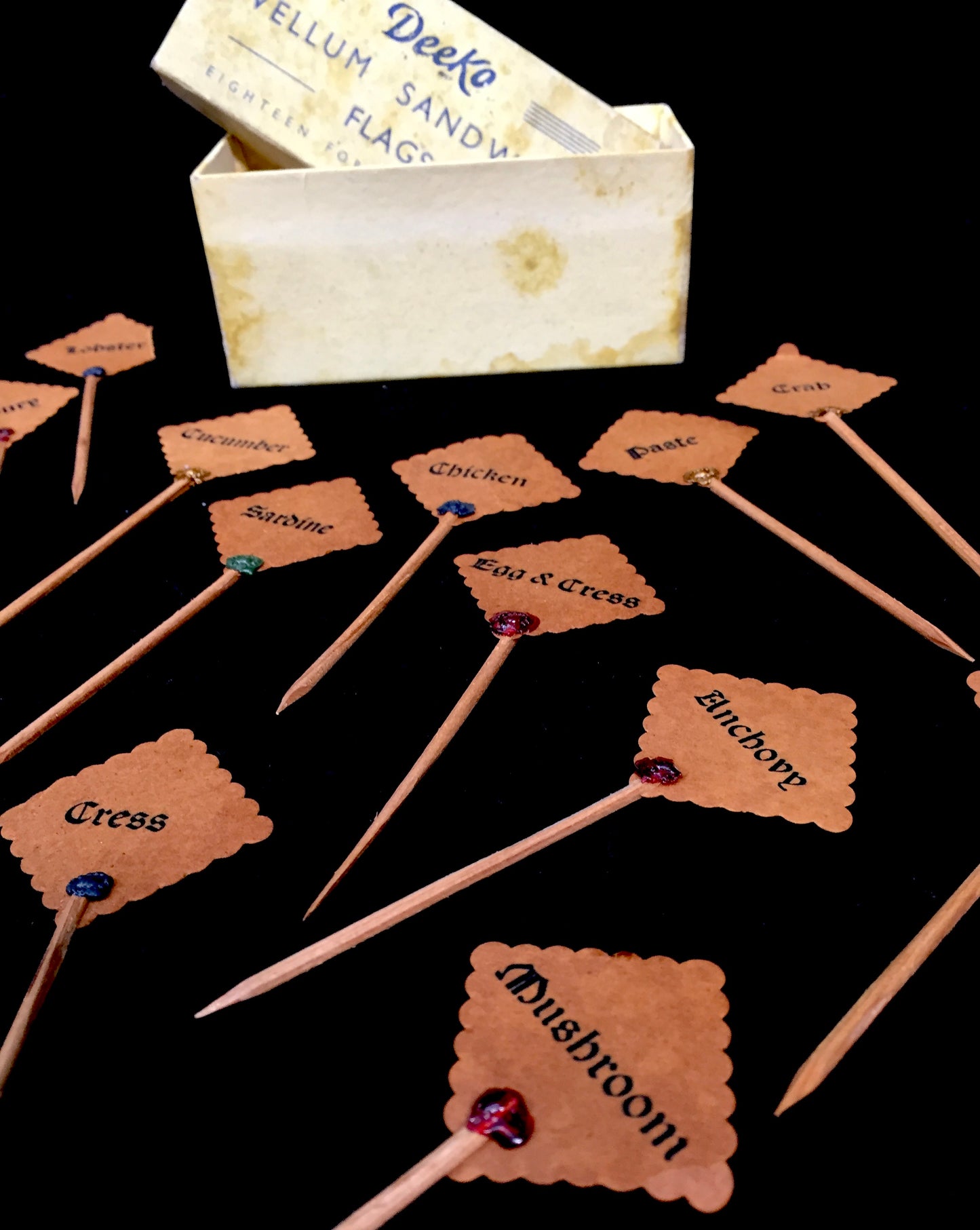 Antique Kitchenalia Complete Set Deeko Vellum Sandwich Flags in Original Box