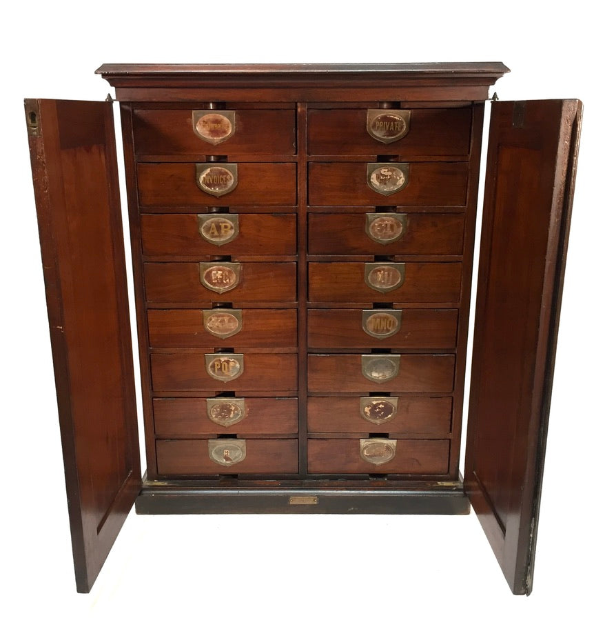 Antique Wooden Amberg's Patent Filing Cabinet Letter File Storage Chest with Key