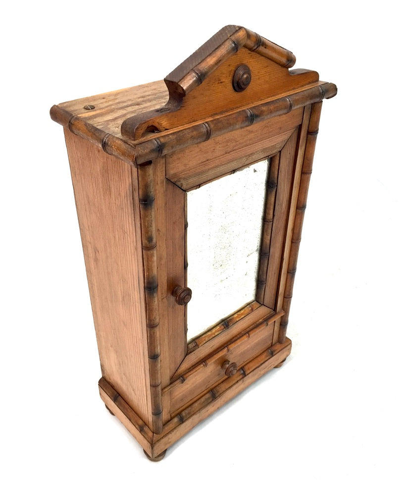 Antique Tabletop Wooden Bamboo & Pine Miniature Cabinet Cupboard / Mirror c.1930