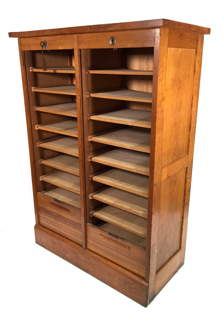 Antique 1950s Wood Oak Double Tambour Fronted Office Paper Filing Cabinet & Key