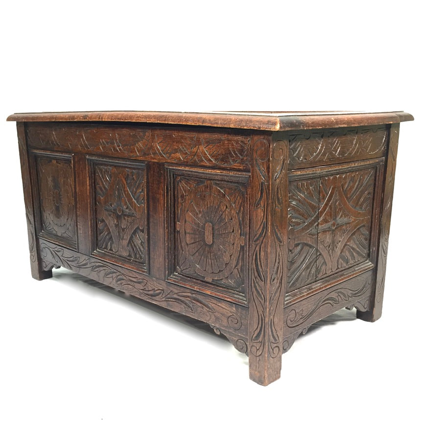 Antique Wooden Oak Hand Craved Panelled Storage Blanket Box / Coffer c.1900