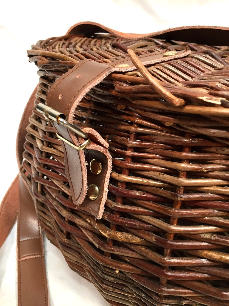 Vintage Wicker Fishing Creel Basket Hamper With Strap / Storage Bin 1960 Antique