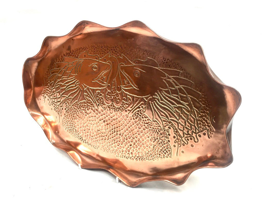 Antique Large Arts & Crafts Copper Tray with Fluted Edge & Fish Design c.1900
