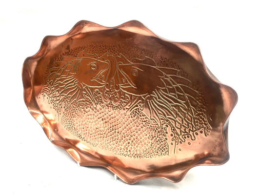 Antique Large Arts & Crafts Copper Tray with Fluted Edge & Fish Design c.1900
