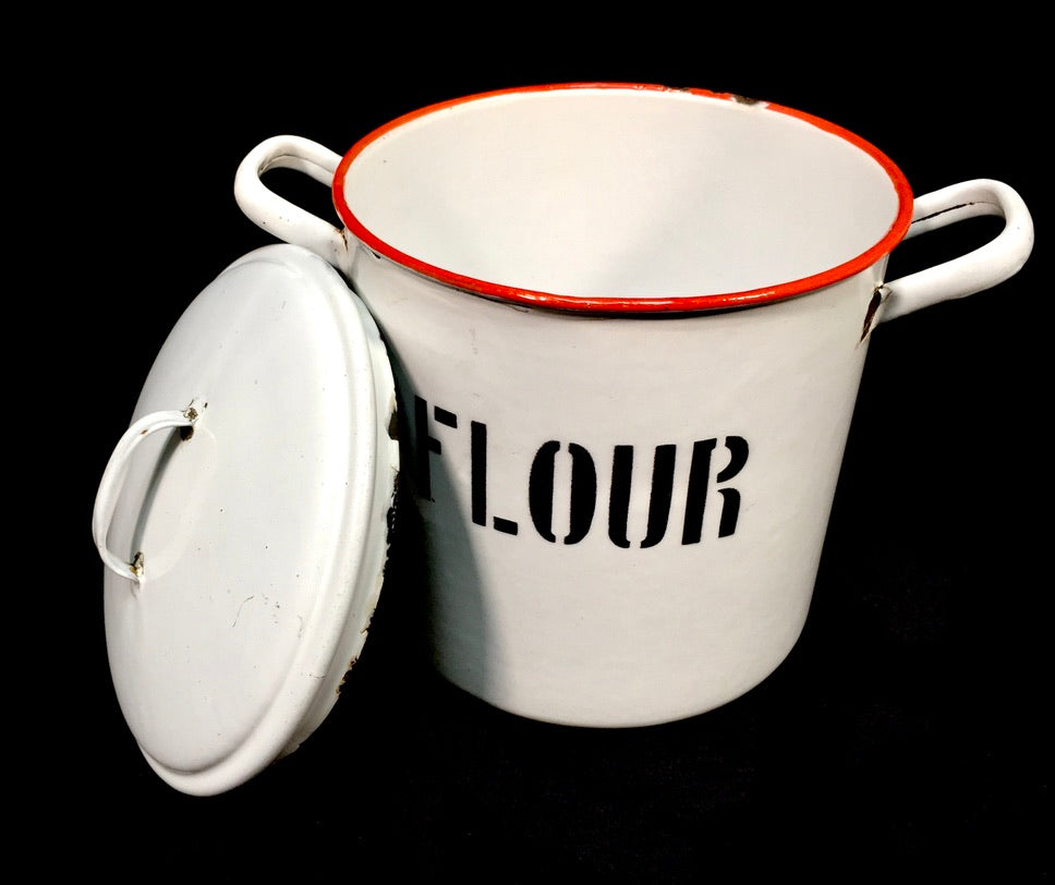 Antique Kitchenalia - White & Red Enamel Flour Bin with Lid Storage Box c.1950