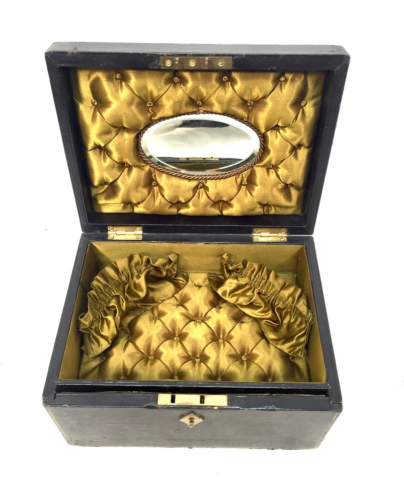 Antique 19th Century Black Leather & Brass Jewellery Trinket Storage Box c.1880