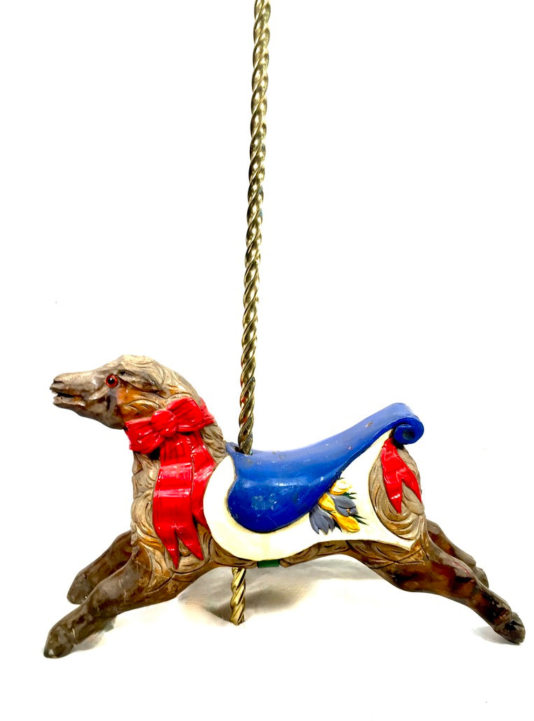 Antique Salvaged Fairground Ride Merry Go Round Wooden Carved Horse & Brass Pole