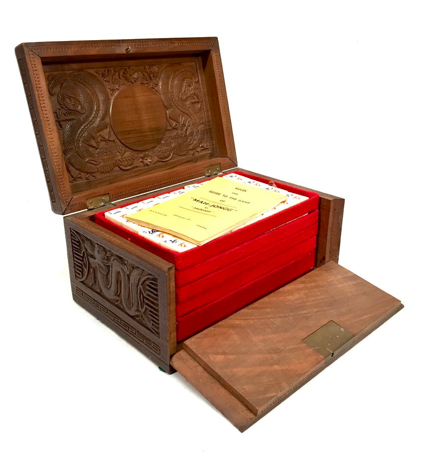 Antique Mahjong Game Carved Box / Bone & Bamboo Tiles / Mah Jong Game / Complete