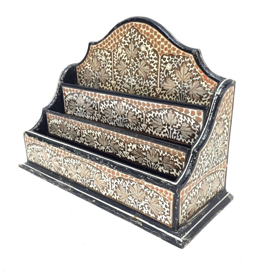 Vintage Wooden Kashmir Indian Gold Tabletop Letter Rack Stationery Holder Floral