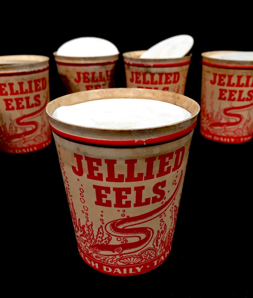 Antique Advertising - 1930s Six Waxed Paper Cartons with Lids for Jellied Eels