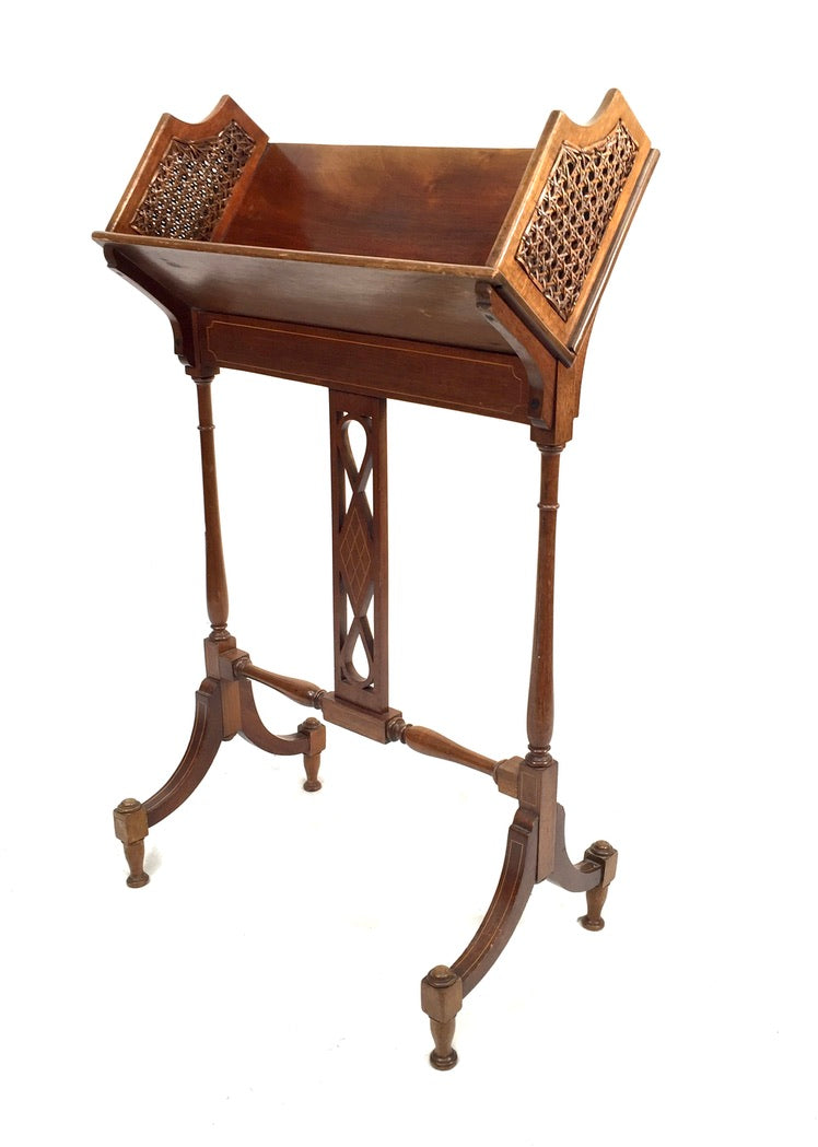 Antique Edwardian Mahogany Wooden Book Trough Display Stand Shelf Cane Panels