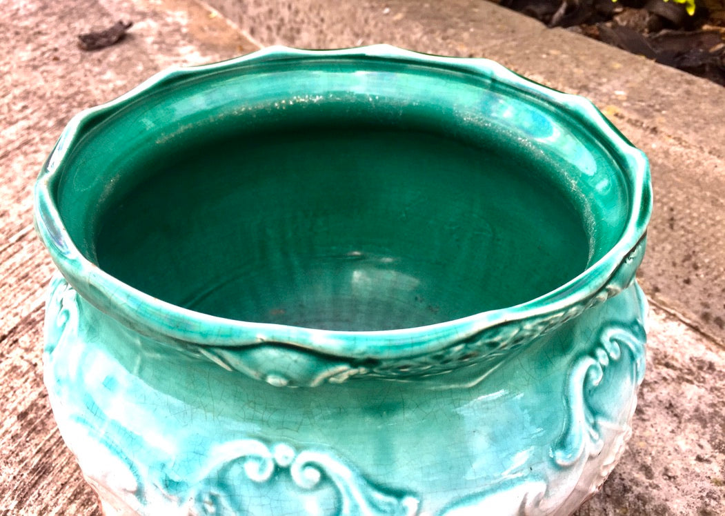 Antique Green & Brown Pottery Majolica Planter Indoor Plant Pot Cache Pot c.1920