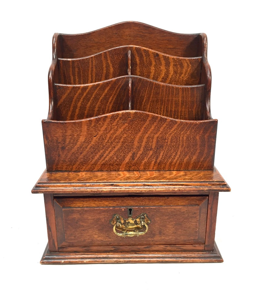 Antique Edwardian Wooden Oak Desk Organiser Letter Rack and Storage Drawer c1900