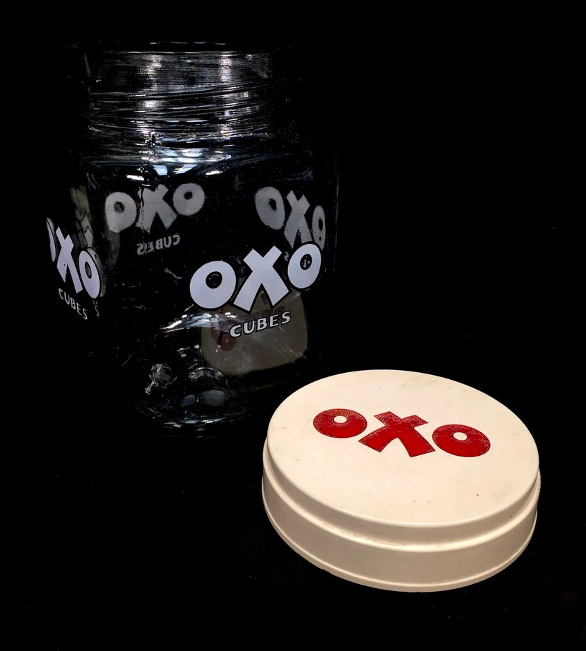 Antique Advertising - 1950s OXO Cubes Glass Shop Jar / Kitchenalia Storage Pot