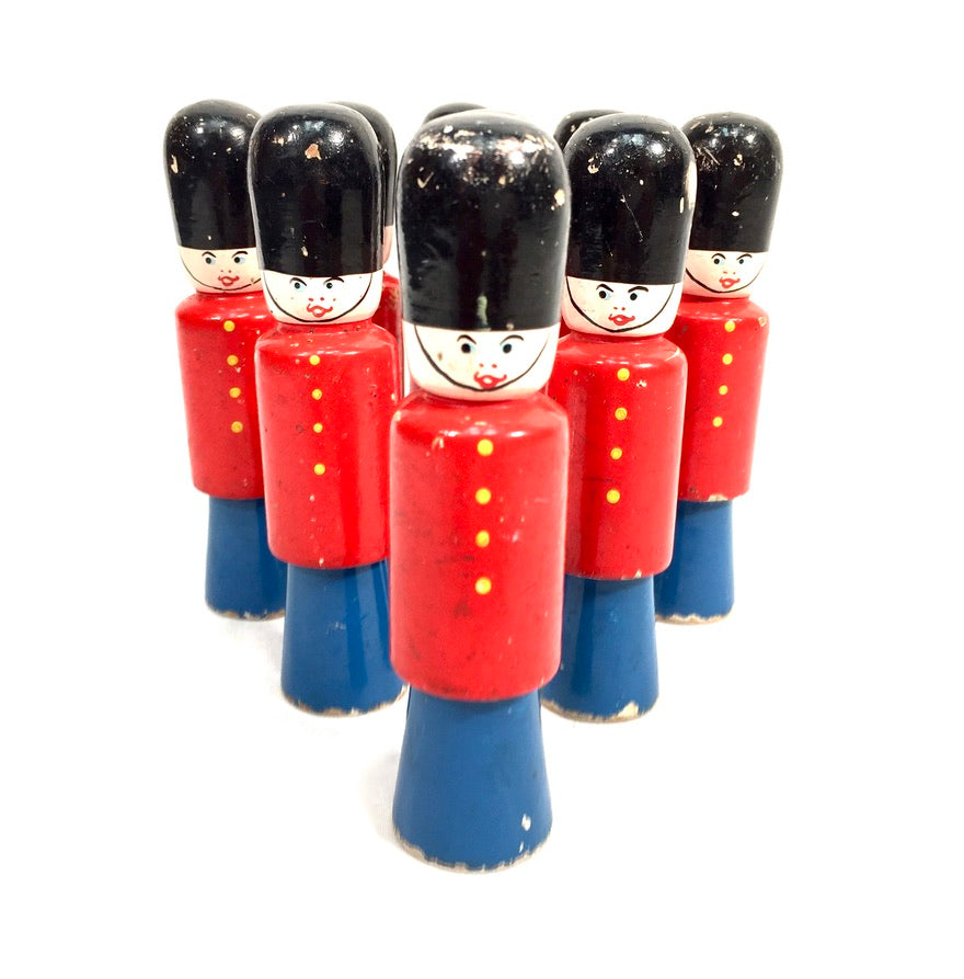 Vintage Complete Set of Hand Painted Wooden Soldier Bowling Skittles / Pins