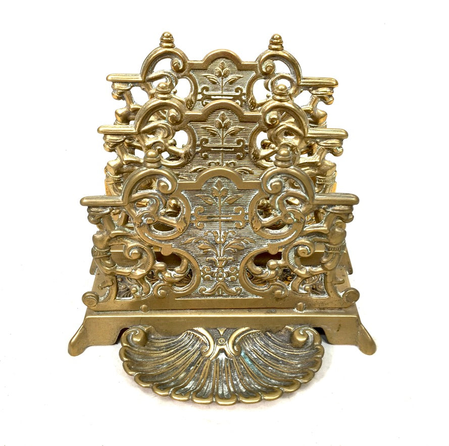 Antique Early 20th Century Ornate Brass Desktop Letter Holder Rack c.1930
