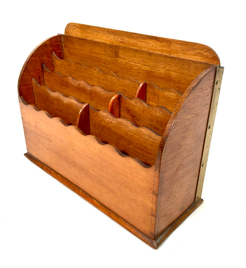 Antique 1920s Wooden Oak Desktop Tambour Fronted Letter Rack / Stationery Holder