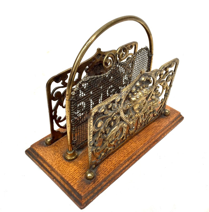 Antique Early 20th Century Ornate Brass & Oak Wooden Desktop Letter Holder Rack