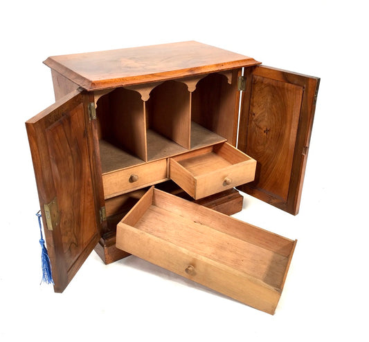 Antique Wooden Walnut Tabletop Cabinet Storage Box Desk Organiser & Key c.1930