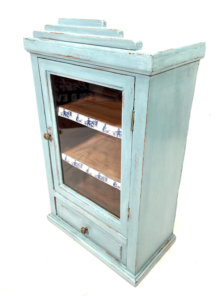 Antique Blue Painted Pine Wooden Tabletop Cabinet / Wall Storage Shelf Box c1950