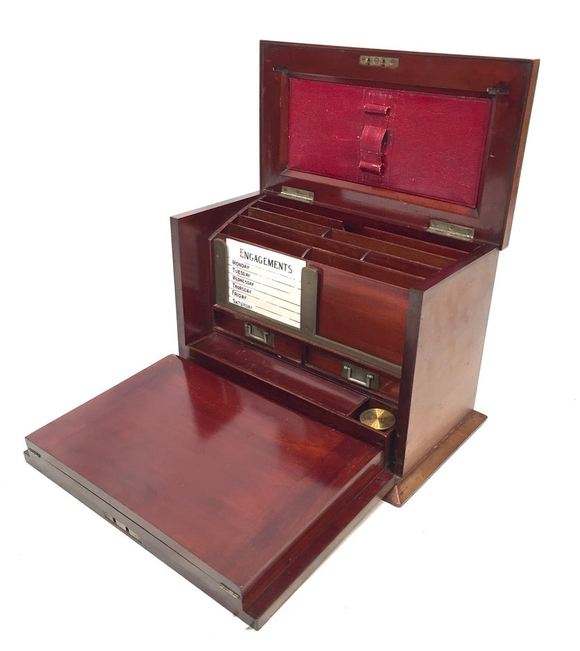 Antique Victorian Oak Wooden Desktop Stationery Box / Writing Cabinet with Key