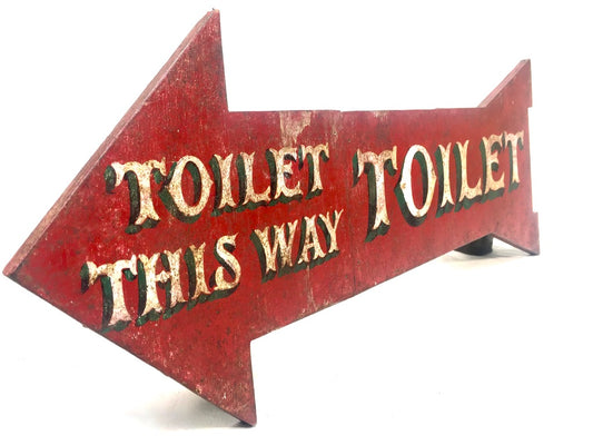 Vintage Wooden Hand Painted on Boards Red &amp; White Toilet This Way Sign Arrow