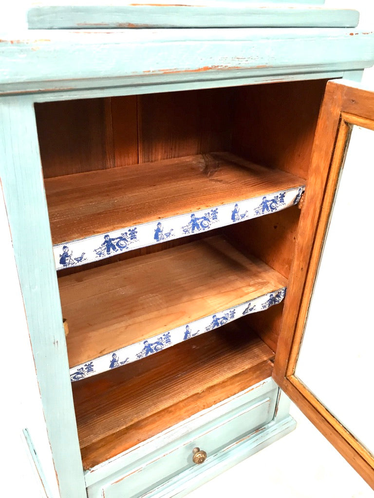Antique Blue Painted Pine Wooden Tabletop Cabinet / Wall Storage Shelf Box c1950