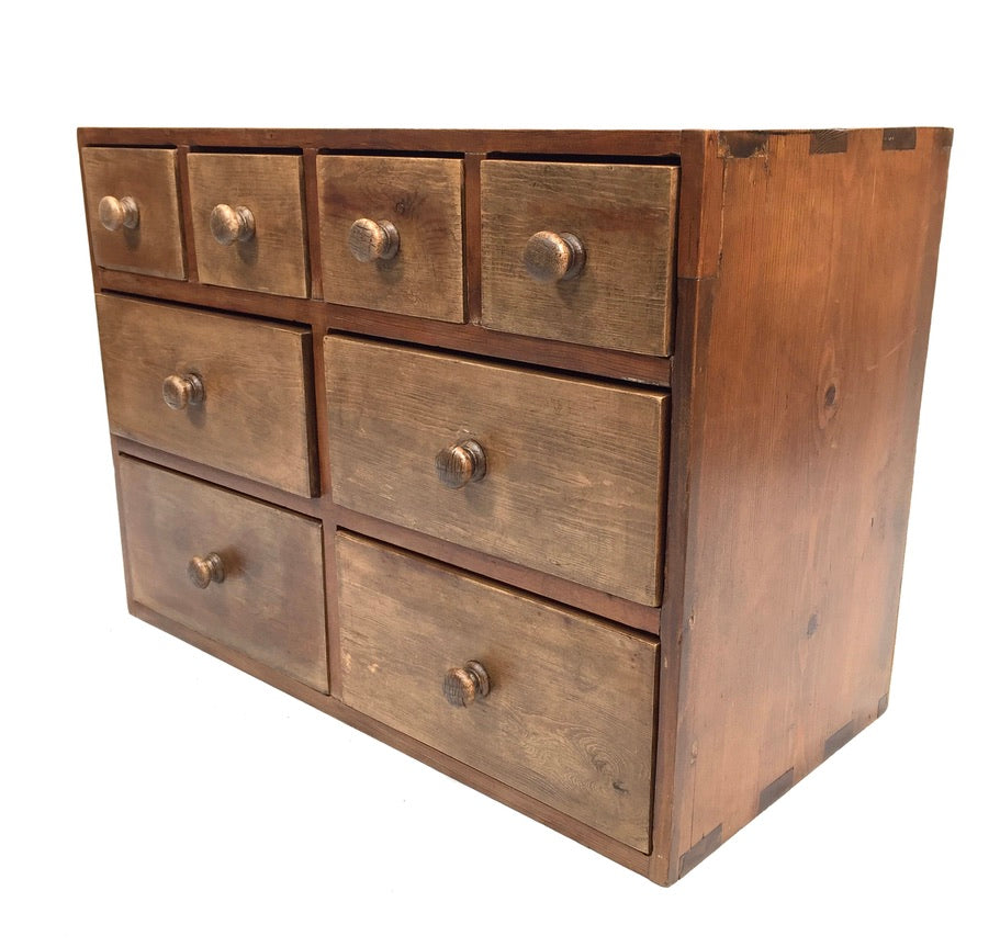 Antique Wooden Large Pine Tabletop Apothecary / Seed Merchant Drawers / Cabinet