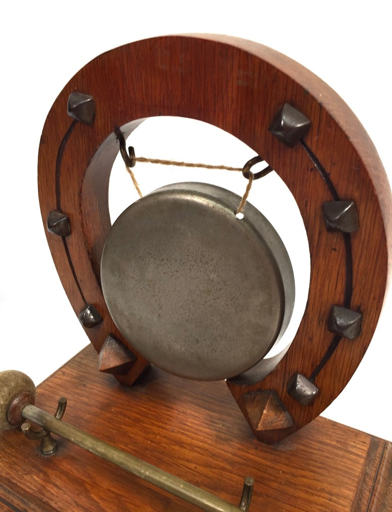 Antique Brass Gong with Lucky Horseshoe – Wooden Oak Stand & Mallet Vintage