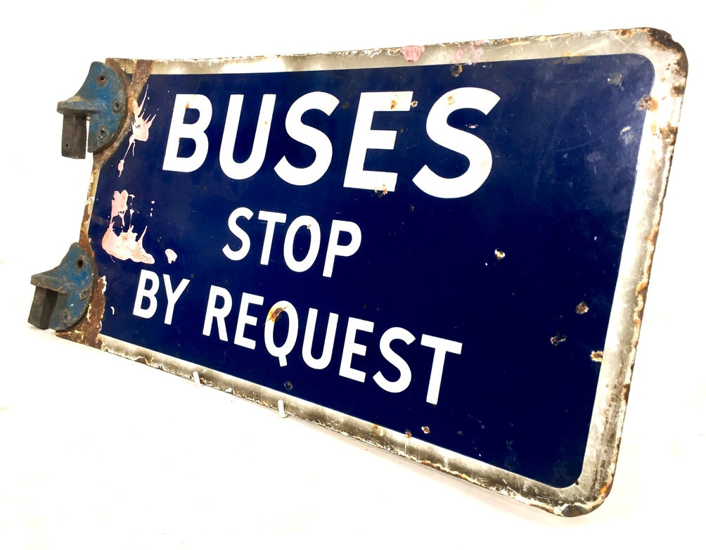 Antique Double Sided Blue & White Enamel Bus Stop Sign Busses Stop By Request