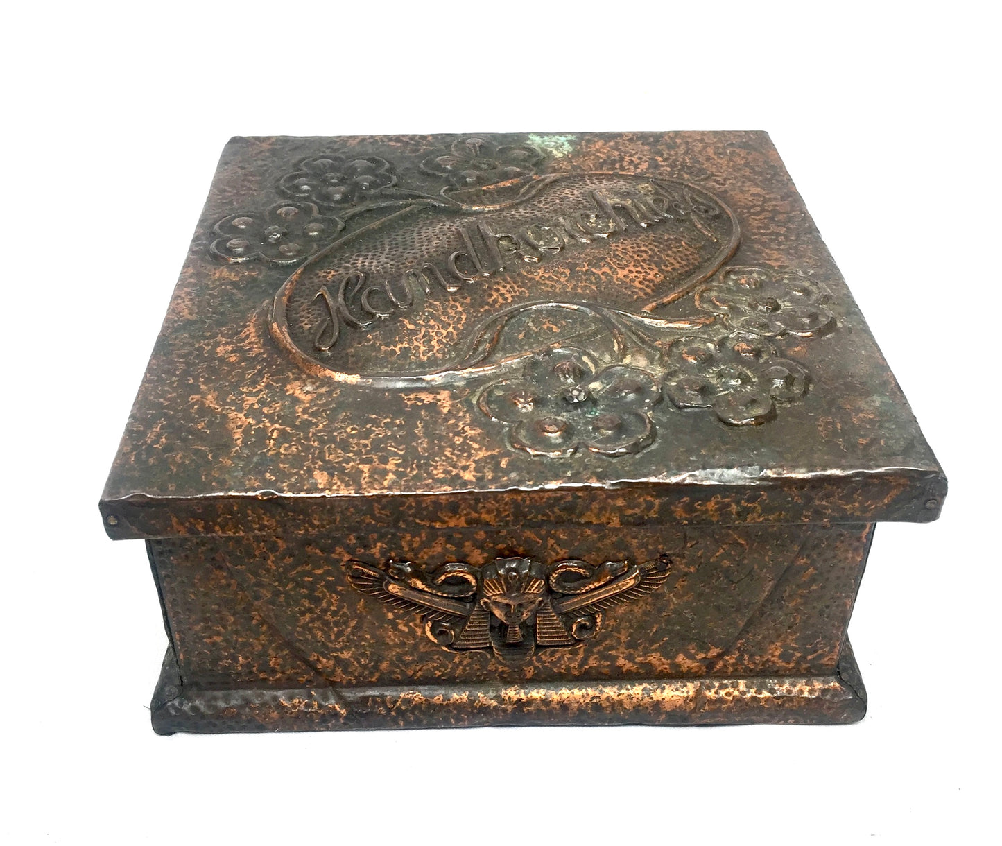 Antique Arts & Crafts Repousse & Hammered Copper Handkerchief Box c.1930