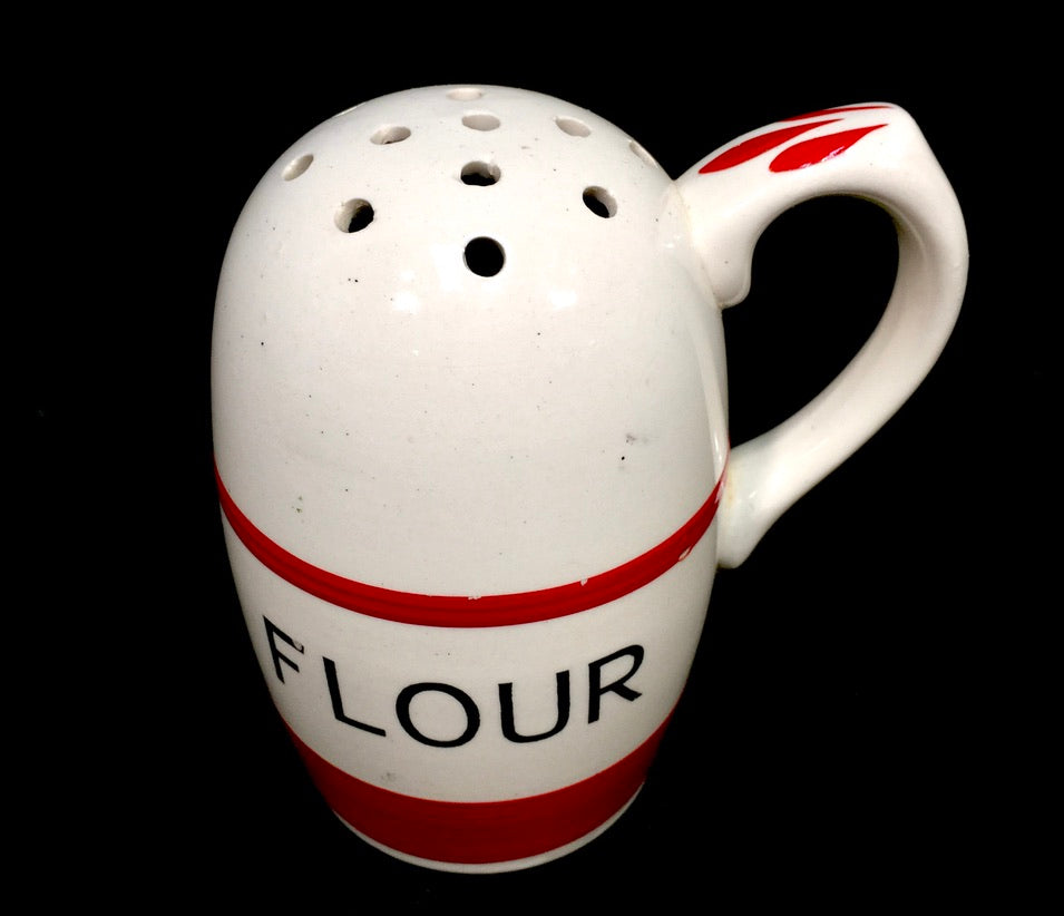 Antique Kitchenalia - Red & White Kleen Kitchen Ware Ceramic Flour Shaker c.1950