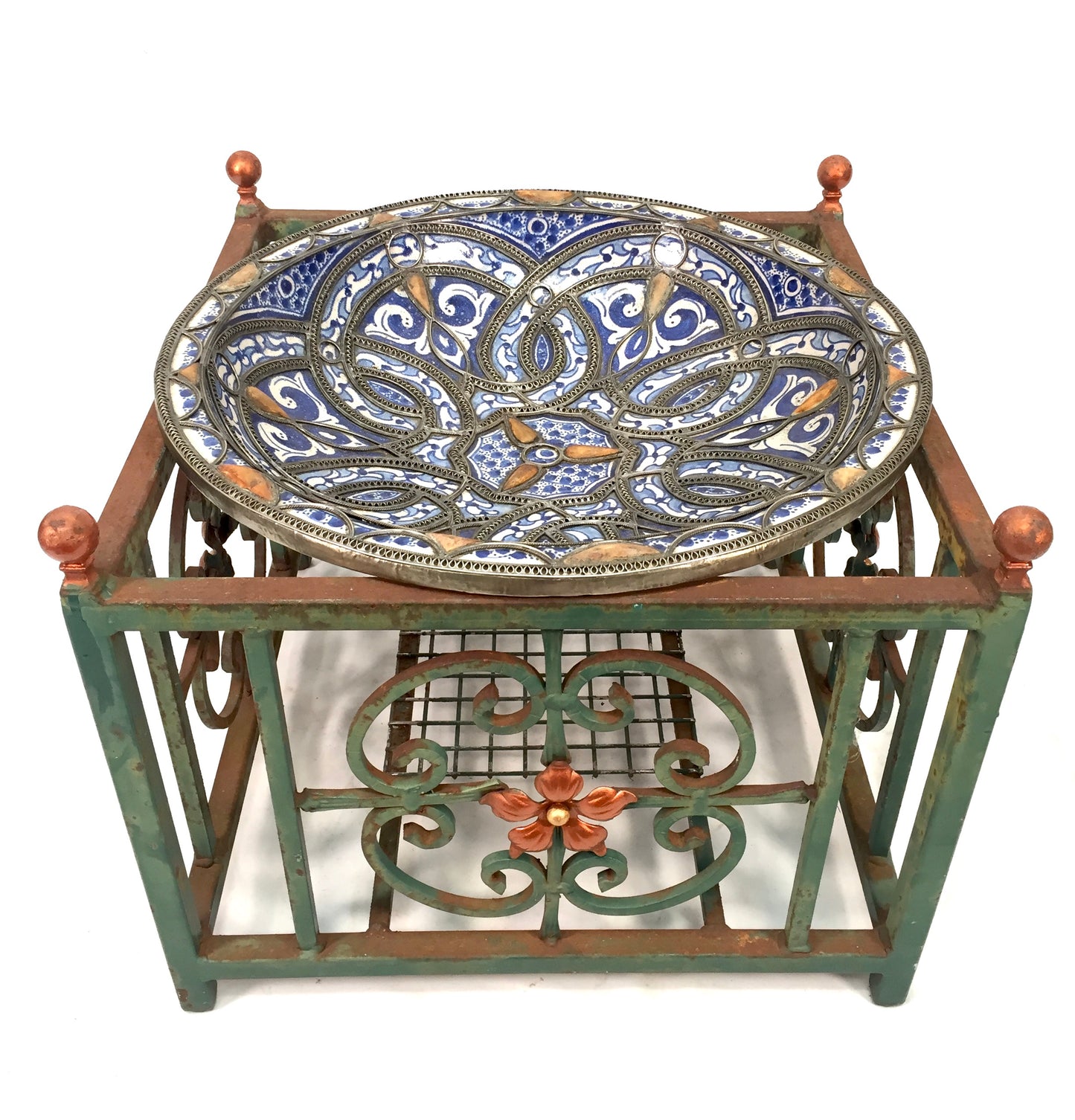 Vintage Hand Crafted Moroccan Style Bowl Outdoor Green Copper Toned Metal Stand