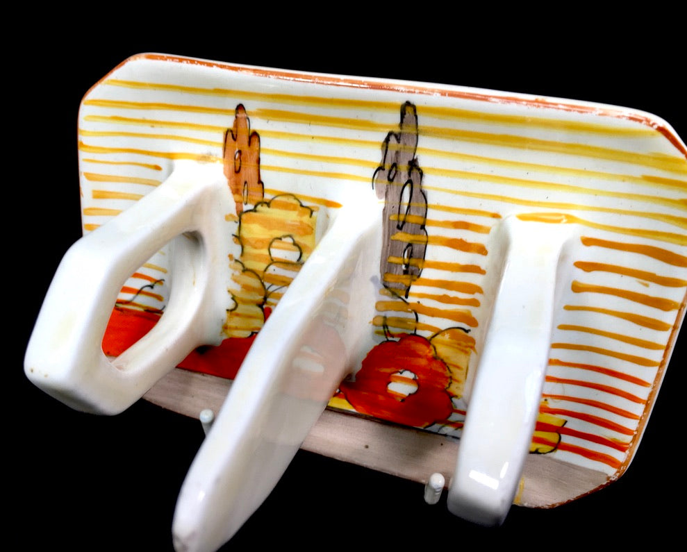 Clarice Cliff 1930s Capri 3 Bar Toast Rack / Art Deco Pottery c.1934