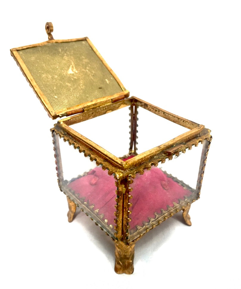 Antique Brussels Souvenir Miniature Casket / Glass Ring Box / Jewellery Box