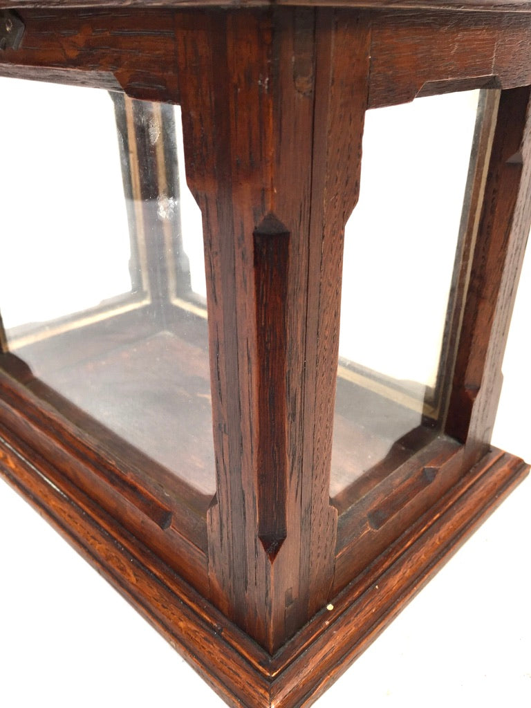 Antique Wooden Oak & Glass Display Box Cabinet / Checkerboard Inlaid Top c.1930