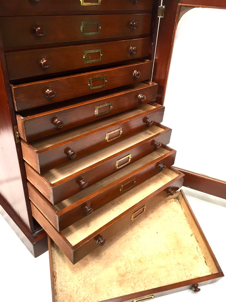 Antique Victorian Mahogany & Glass Specimen Collectors Filing Drawer Cabinet