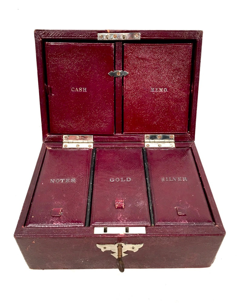 Antique Edwardian Leather Tabletop Cash Box / Jewellery Cabinet with Key c.1910