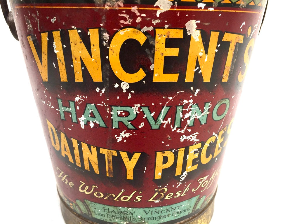 Antique Advertising 1920s Vincents Harvino Dainty Pieces Toffee Tin Bucket Shape