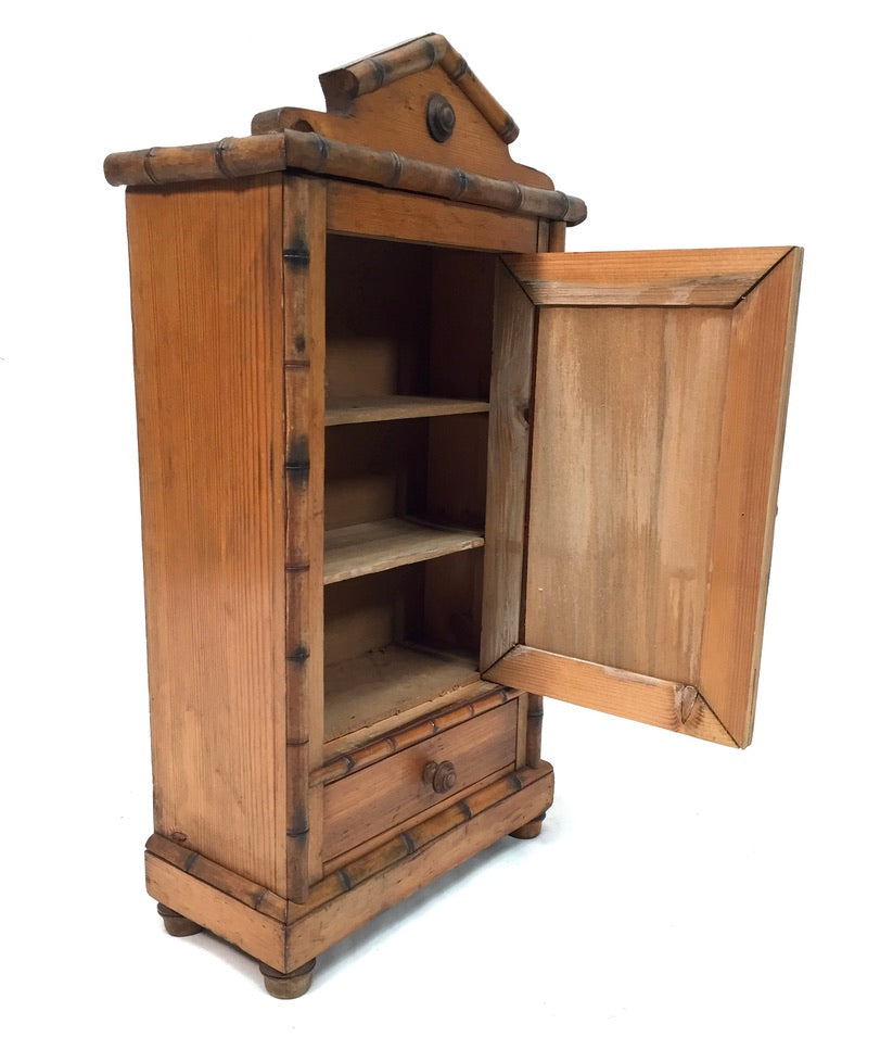 Antique Tabletop Wooden Bamboo & Pine Miniature Cabinet Cupboard / Mirror c.1930