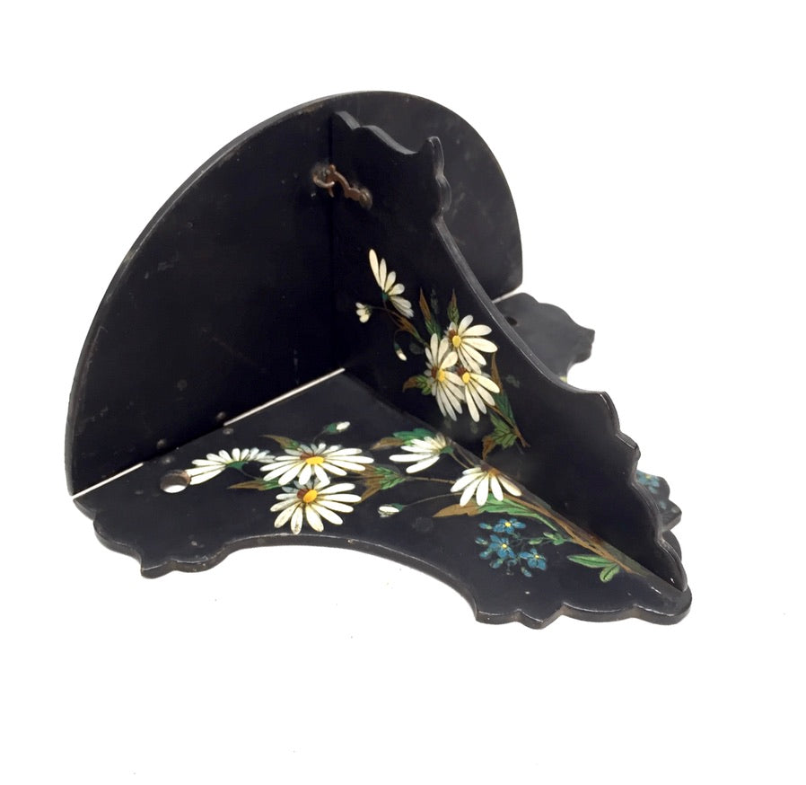 Antique Victorian Black Ebonised Wooden Hand Painted Folding Wall Shelf c.1900