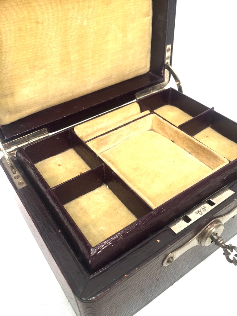 Antique Edwardian Leather Jewellery / Trinket Box with Key &amp; Working Lock c.1910