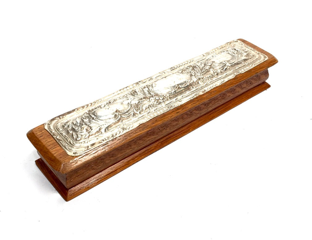 Antique Wooden Oak & Silver Hand Fan Storage Box Trinket Hallmarked Chester 1909