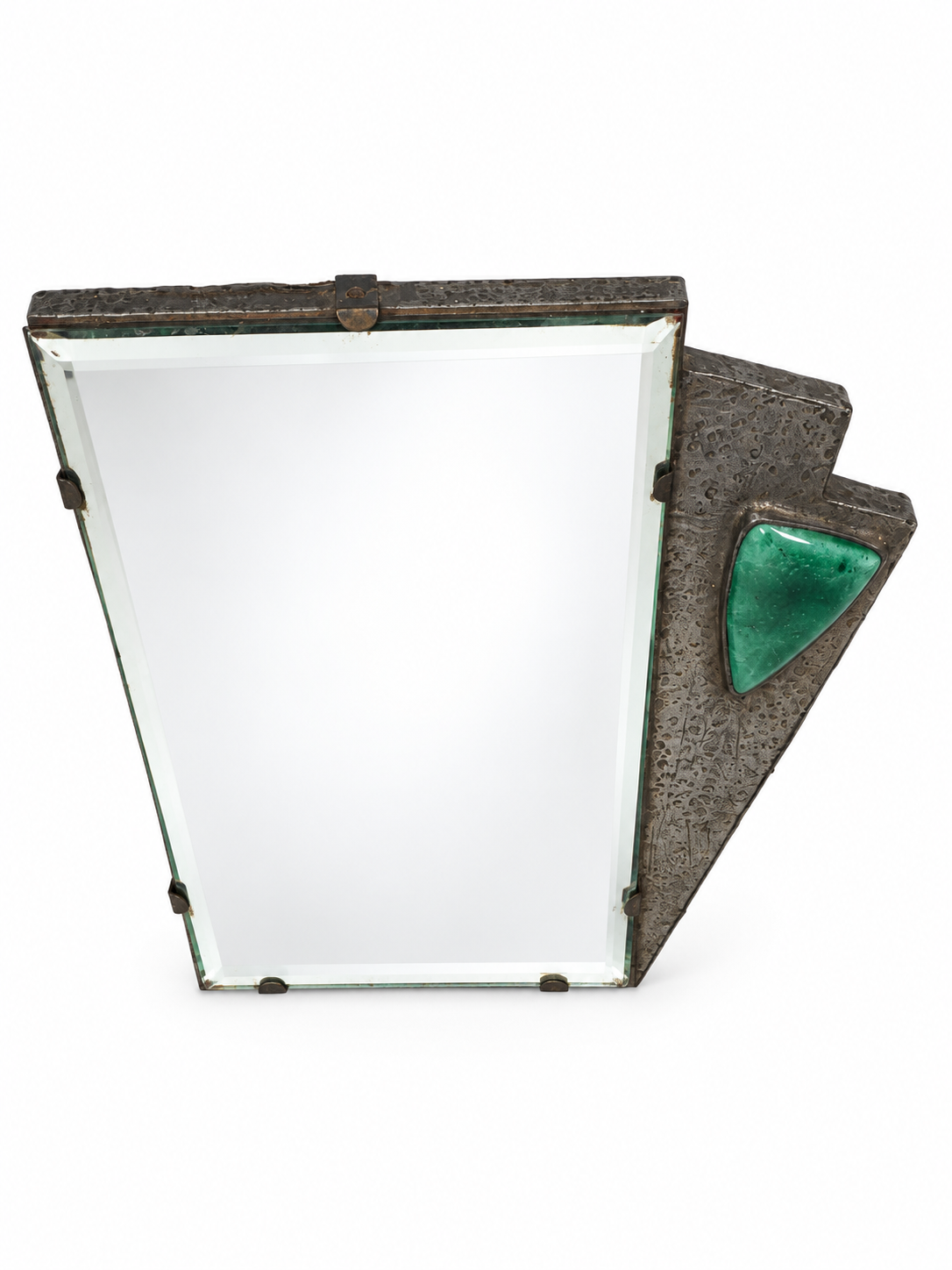 Antique Arts &Crafts Movement Hammed Pewter Tabletop Mirror with Cabochon c1920
