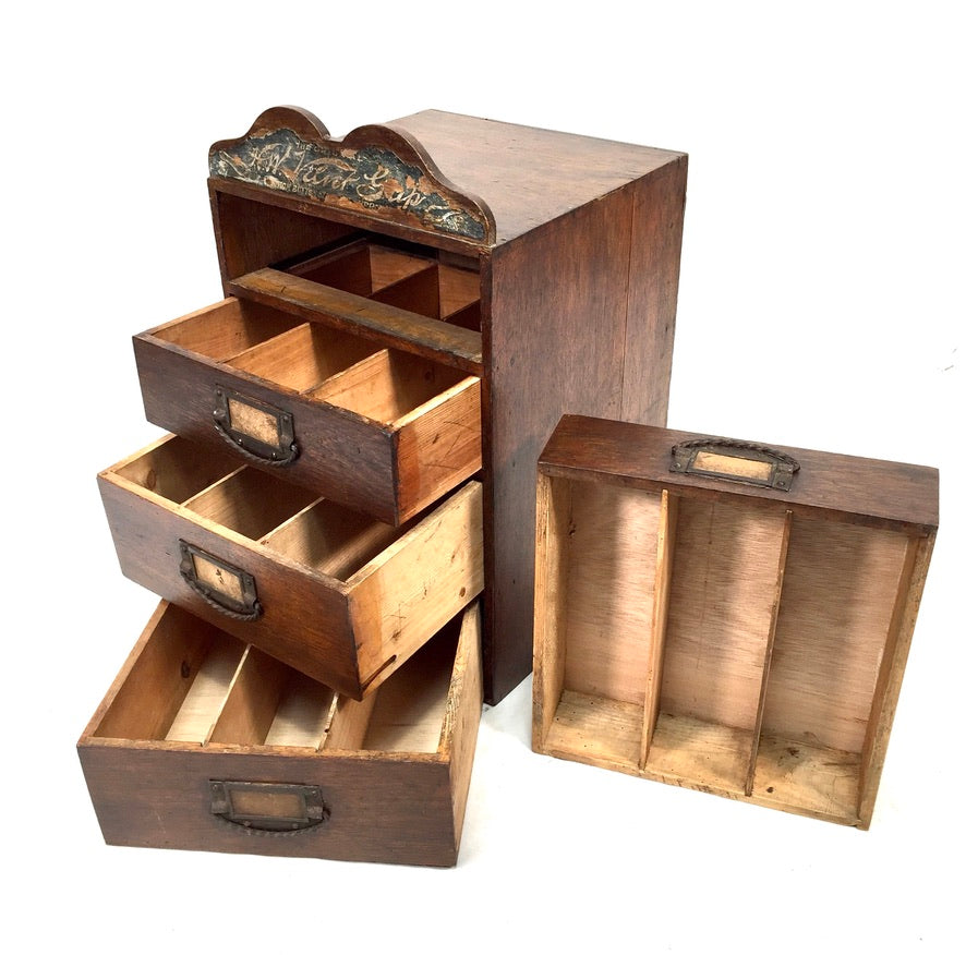 Antique Advertising - Oak Wooden Tabletop Haberdashery Shop Drawers c.1900