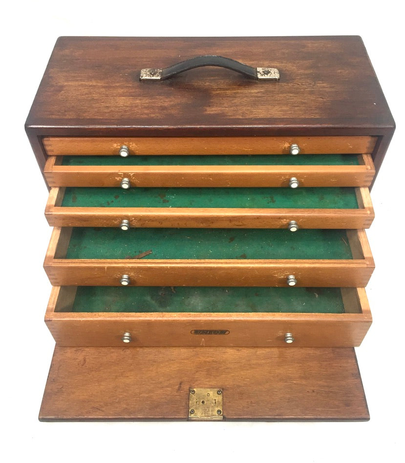 Antique Wooden Union Engineers Toolbox / Tool Box Collectors Cabinet with Key
